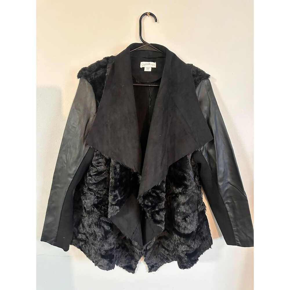 Jaclyn Smith Womens Faux Fur & Leather Jacket Black Draped Waterfall